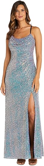 Nightway Women's Long Sequined Gown W/Draped Cowl Neck, Front Slit & Strappy Back