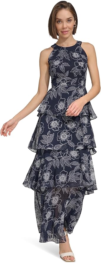 Tommy Hilfiger Womens Floral Tiered Maxi Dress Sky Captain/Ivory 8