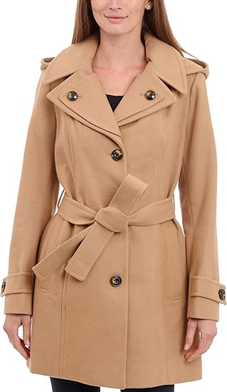 London Fog Women's Double Lapel Thigh Length Button Front Wool Coat with Belt