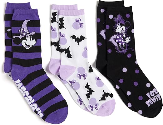 Disney Women's Minnie Mouse Halloween 3 Pack Crew, Assorted Purple, Fits Sock Size 9-11 Fits Shoe Size 4-10.5