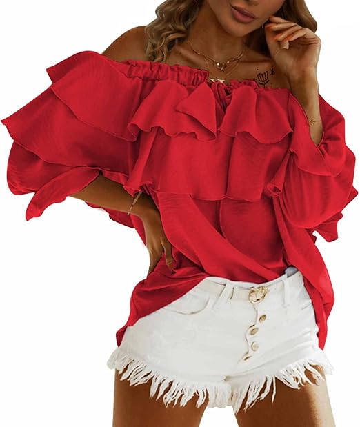 Byinns Women's Off Shoulder Ruffle Long Sleeve Blouses Casual Layered Tops