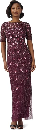 Adrianna Papell Women's Beaded Long 3D Floral Gown