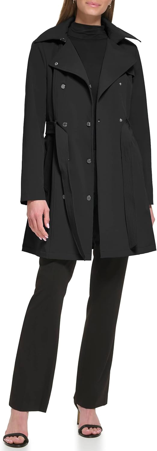 Calvin Klein Women's Double Breasted Belted Rain Jacket With Removable Hood