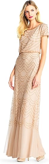 Adrianna Papell Women's Short Sleeve Blouson Beaded Gown