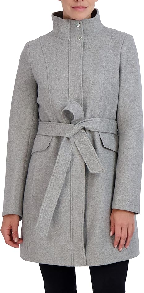 Laundry by Shelli Segal Women's 3/4 Faux Wool Coat Snap Placket Zipper Front Tie Waist Belt 34