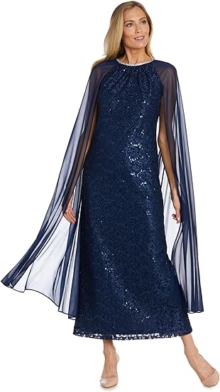 Long Sequin Lace Dress W/Matte Chiffon Cape & Rhinestone Neckline