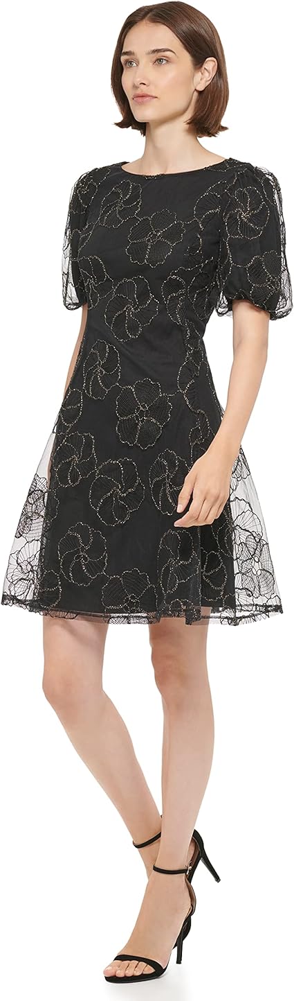 DKNY Women's Puff Sleeve Embroidered Fit & Flare