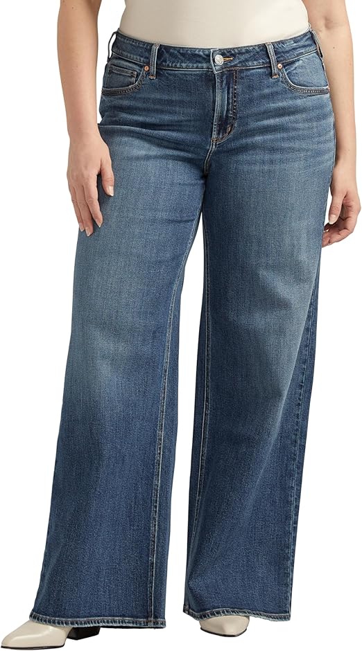 Silver Jeans Co. Women's Plus Size Suki Mid Rise Curvy Fit Wide Leg Jeans