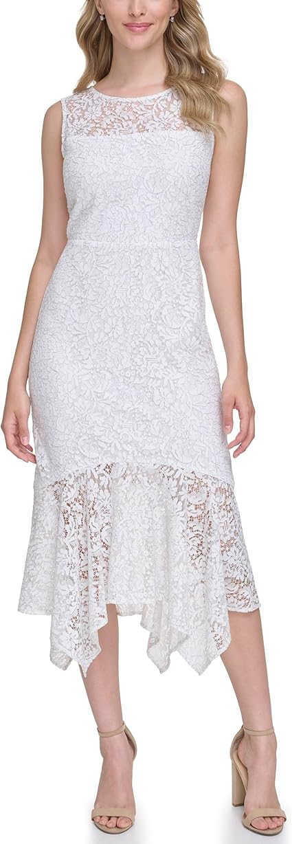 kensie Women's Aysmetric Corded Floral Lace Midi Dress