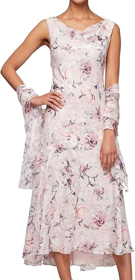 Alex Evenings Women's Sleeveless Printed Chiffon Dress with Shawl