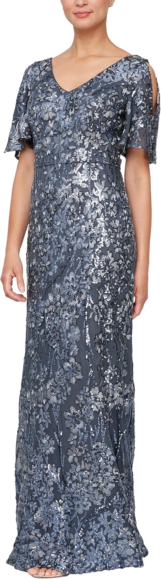 Alex Evenings Women's Long Sequin Dress with Flutter Sleeves, Charcoal, 16