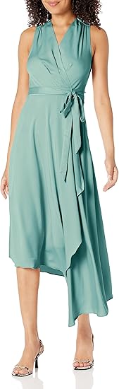 BCBGMAXAZRIA Women's Fit and Flare Asymmetrical Hem Tie Belt Midi Wrap Dress