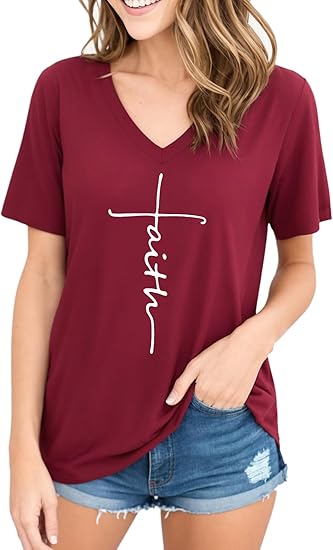 Women Cross Faith T Shirts for Women V-Neck Graphic Tees Letter Printed T-Shirt Christian Tee Shirt