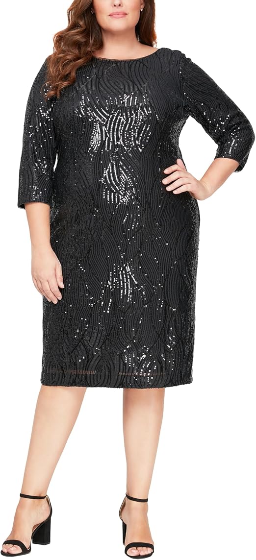 S.L. Fashions Women's Plus Size Sequin 3/4 Sleeve Sheath Dress