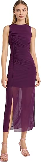 Donna Morgan Elegant Ruched Sleeveless Midi Sheer Overlay-Cocktail Dresses for Women