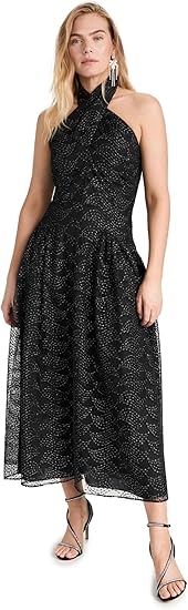 Shoshanna Women's Olivia Metallic Scalloped Mesh Halter Neck Dress