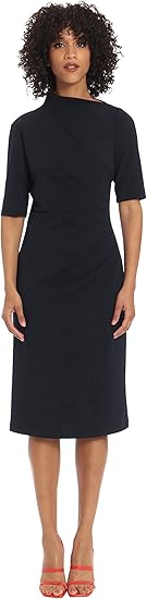 Maggy London Women's Side Pleat Dress with Asymmetric Neck and Elbow Sleeves