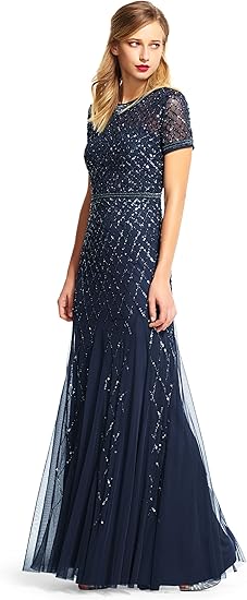 Adrianna Papell Women's Short-Sleeve Grid Beaded Gown