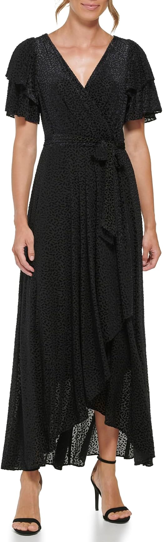 DKNY Women's Velvet Burnout Faux Wrap V-Neck Dress