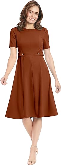 London Times Women's Knit Eyelet Short Sleeve Crepe Inset Waist Midi with Button Detail