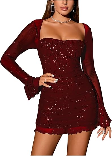 Women's Sheer Long Sleeve Sequin Bodycon Mini Dress Sexy Sparkly Ruched Mesh Party Going Out Dresses