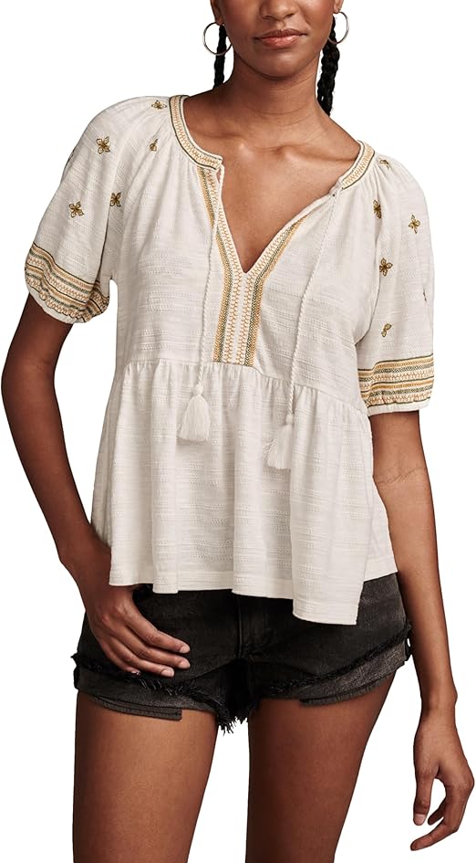 Lucky Brand Women's Easy Embroidered Babydoll Top