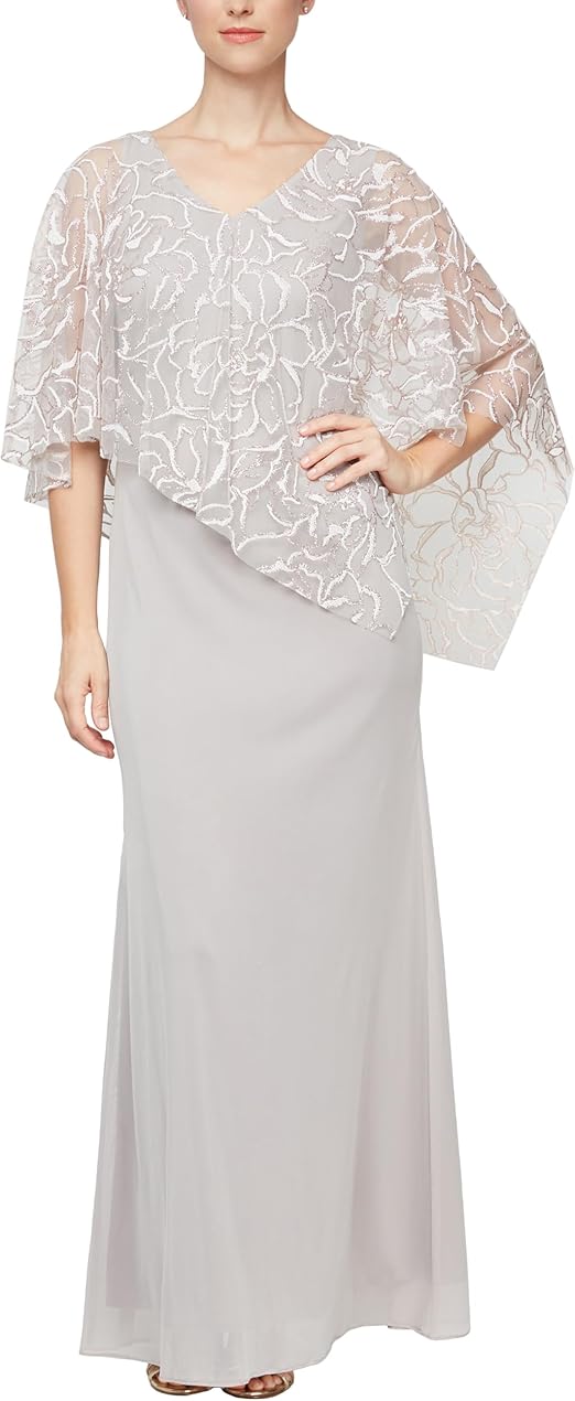 S.L. Fashions Women's Long Floral Shimmer Overlay Cape Gown, Formal Event, Wedding Guest Dress (Petite and Regular Sizes)