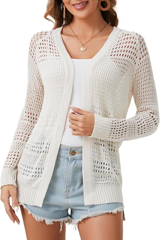 Womens Crochet Summer Cardigan Sweaters Open Front Long Sleeve Lightweight Oversized Boho Knit Beach Cardigans