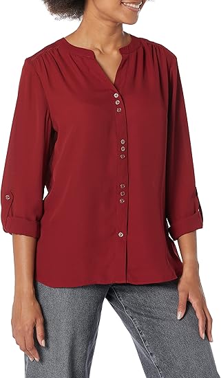 Zac & Rachel Women's Solid Crepe Button Front, Roll Tab Sleeve Blouse