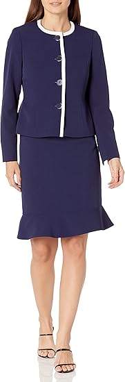 Le Suit Women's 4 Button Jewel Neck Piped Crepe Flounce Skirt Suit