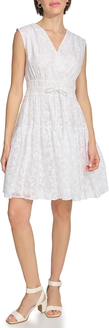 Tommy Hilfiger Womens Petal Burnout Fit and Flare Dress Bright White 6