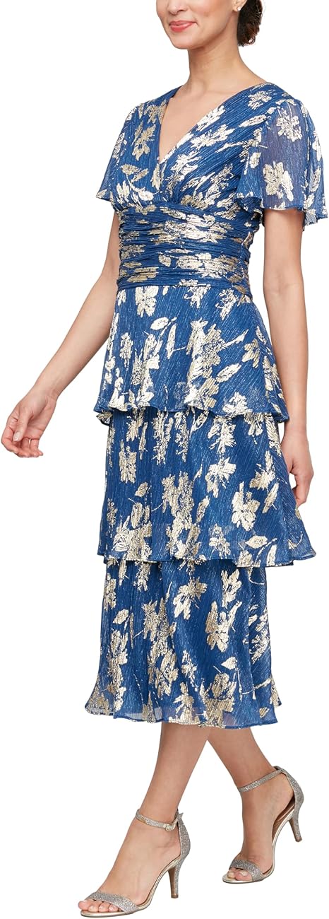 S.L. Fashions Women's Short Sleeve Midi V-Neck Cocktail Dress with Ruched Waist, Wedding Guest, Formal, Evening Gown