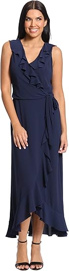 London Times Women's Petite Soft and Flowy Feminine Ruffle Hi-Low Faux Wrap Maxi Dress