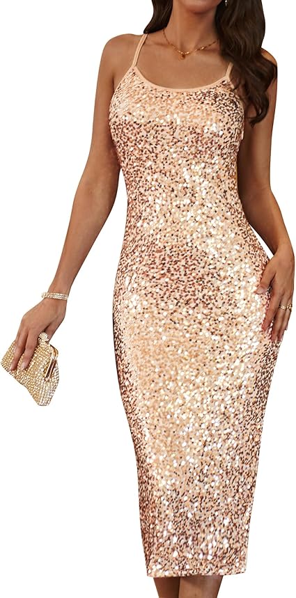 GRACE KARIN Womens Sequin Sparkly Dresses Formal Spaghetti Strap Midi Bodycon Dress Glitter Backless Wedding Cami Dress Slit