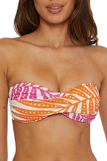 Trina Turk Women's Standard Sheer Bandeau Bikini Top, Adjustable, Tie Back, Tropical Palm Leaf Print, Swimwear Separates