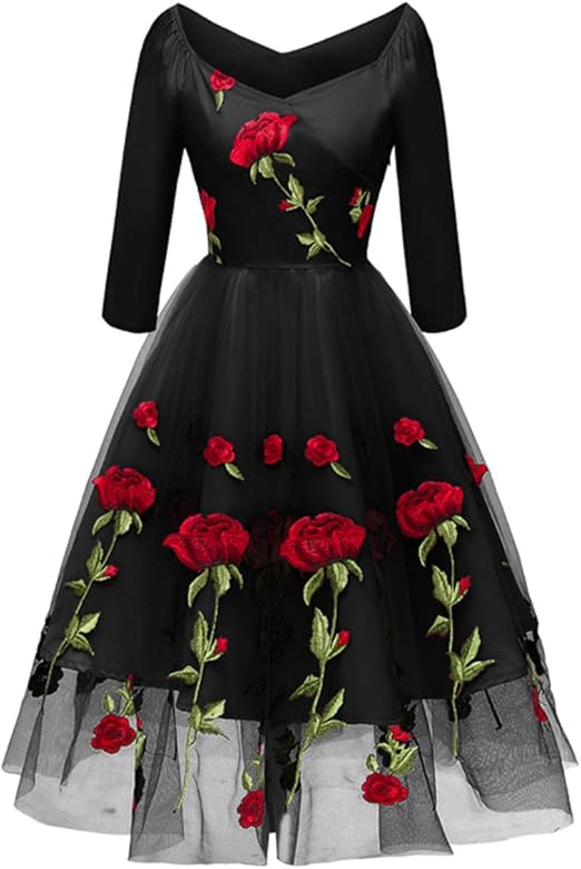 Women Vintage Off Shoulder Rose Embroidered Floral Evening Dress V Neck Short 3/4 Sleeves Wedding Cocktail A Line Midi Gown