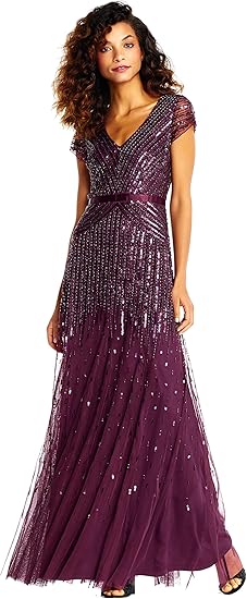 Adrianna Papell Women's Long Beaded V-Neck Dress with Cap Sleeves and Waistband