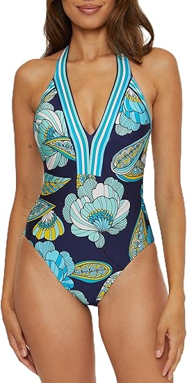 Trina Turk Women's Standard Pirouette Halter Maillot One Piece Swimsuit, Plunge V-neck, Floral Print, Bathing Suits