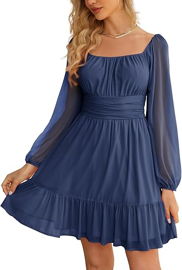 Wenrine Women's Mesh Long Sleeve Square Neck Dress High Waist A Line Ruffle Hem Flowy Casual Party Mini Dress