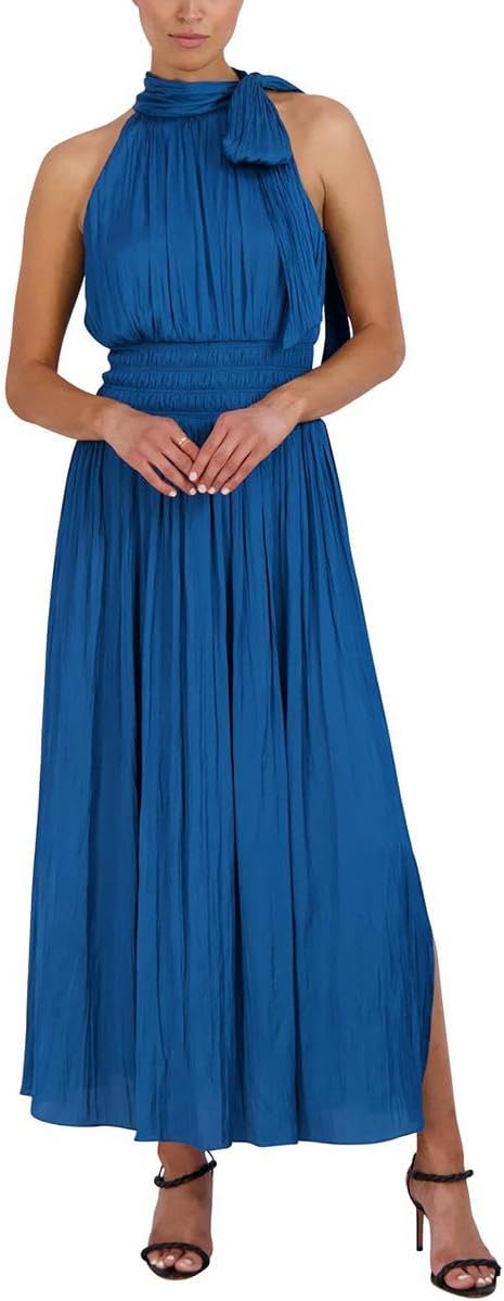 BCBGMAXAZRIA Women's Fit and Flare Maxi Dress Sleeveless Smocked Waist Halter Neck Bow Detail