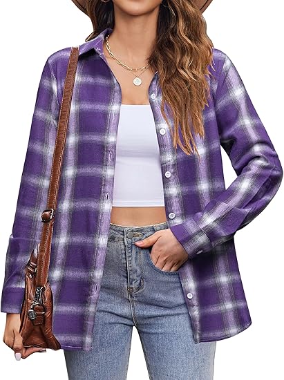 Zeagoo Womens Fall Fashion Long Sleeve Flannel Checkered Shirts 2024 Button Blouse Purple Lightweight Tops