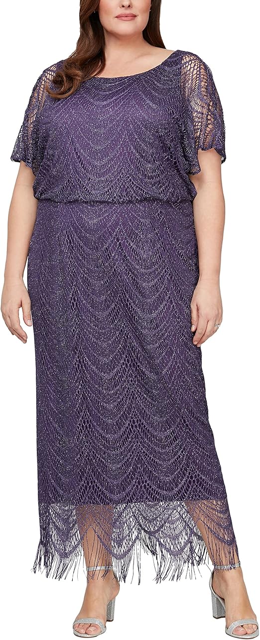 S.L. Fashions Women's Plus Size Metallic Blouson Crochet Dress