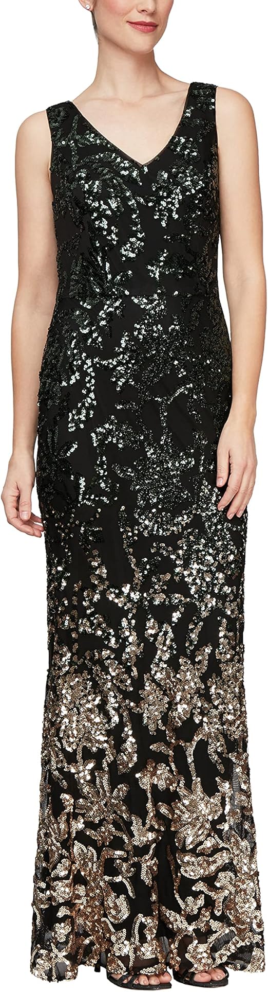 Alex Evenings Women's Long V-Neck Lace Fit and Flare Dress