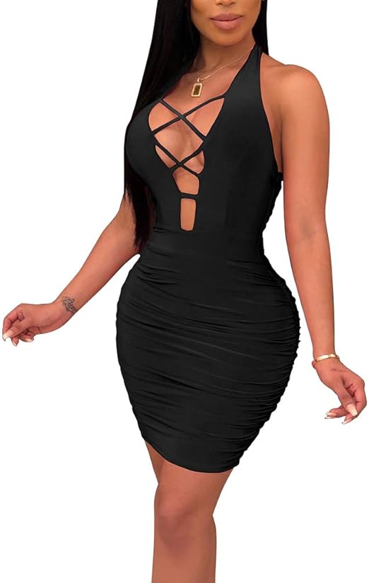 Antopmen Women Summer V Neck Sleeveless Front Lace Up Backless Ruched Bodycon Mini Club Dress