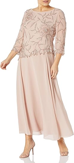 J Kara Women's Scoop Neck Line with 3/4 Sleeve Beaded Top Long Dress