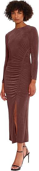 Donna Morgan Women's Ruched Princess Seam Dress with Slit Detail Event Party Occasion Guest of