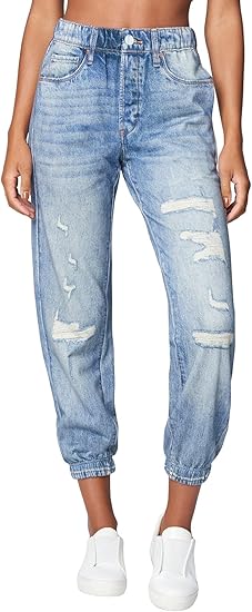 [BLANKNYC] Womens French Terry Distressed Printed Denim Jogger, Comfortable & Stylish Pants