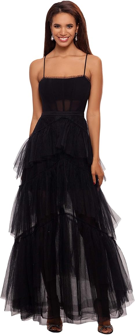 Betsy & Adam Women's Long Corset Tiered Mesh Illusion Gown