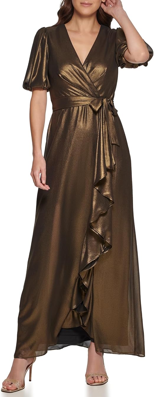 DKNY Women's Foil Chiffon Ruffle Skirt V-Neck Dress