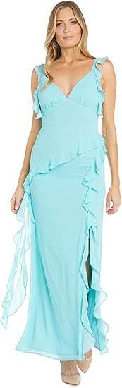 R&M Richards Long Chiffon Dress W/Sweetheart Neckline & Ruffle Detail